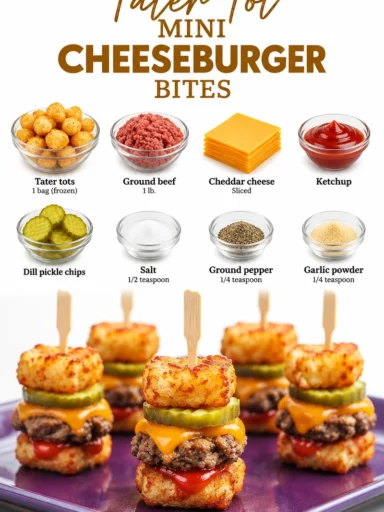 Mini hamburgers garnis servis avec des Tater Tots croustillants.