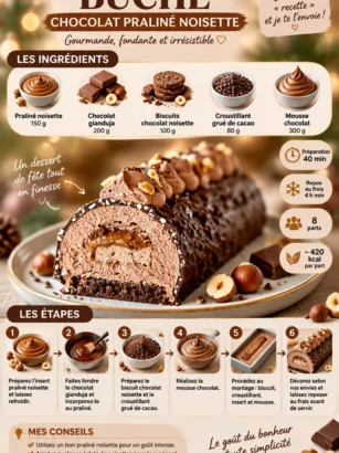 Bûche chocolat praliné noisette décorée pour Noël