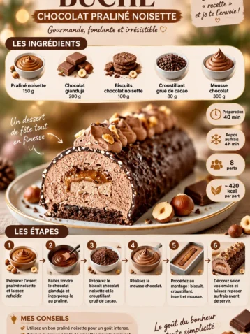 Bûche chocolat praliné noisette décorée pour Noël