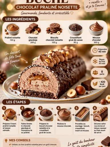 Bûche chocolat praliné noisette décorée pour Noël