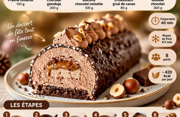Bûche chocolat praliné noisette décorée pour Noël