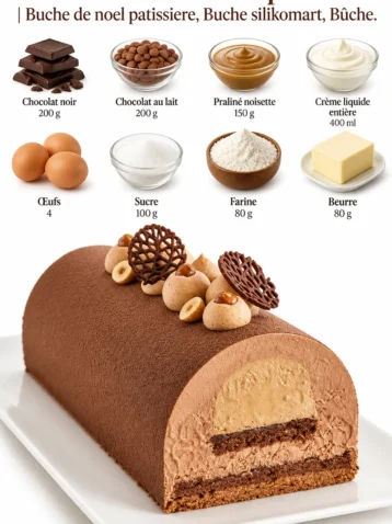 Bûche chocolats et praliné pâtissière pour Noël, décorée avec élégance.