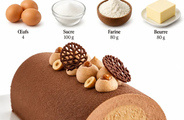 Bûche chocolats et praliné pâtissière pour Noël, décorée avec élégance.