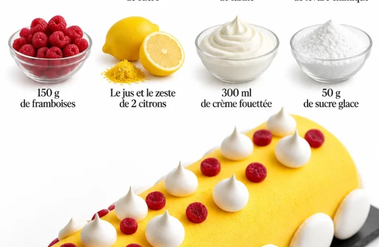 Bûche citron framboise décorée, un dessert éclatant et savoureux pour les fêtes.