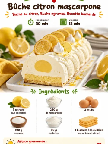 Bûche citron mascarpone décorée, idéale pour Noël et les fêtes de fin d'année.
