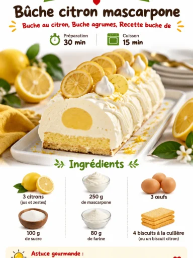 Bûche citron mascarpone décorée, idéale pour Noël et les fêtes de fin d'année.