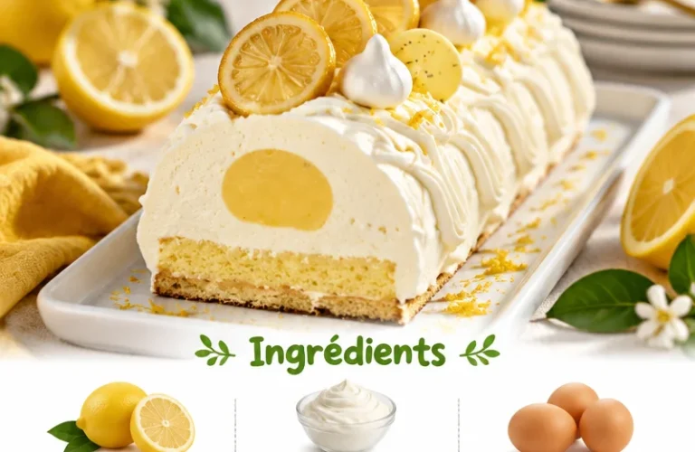 Bûche citron mascarpone décorée, idéale pour Noël et les fêtes de fin d'année.