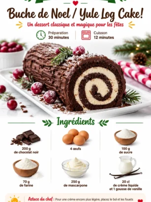 Bûche de Noël garnie de crème au beurre et décorée de fruits frais.