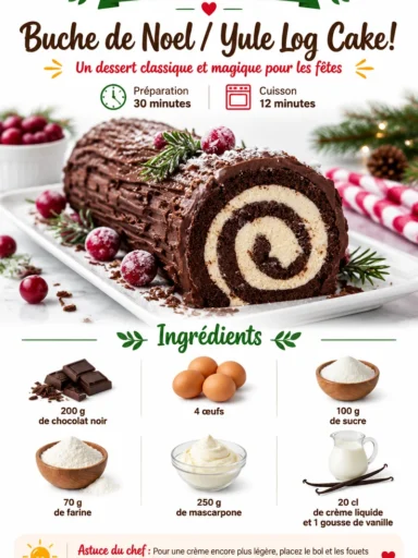 Bûche de Noël garnie de crème au beurre et décorée de fruits frais.