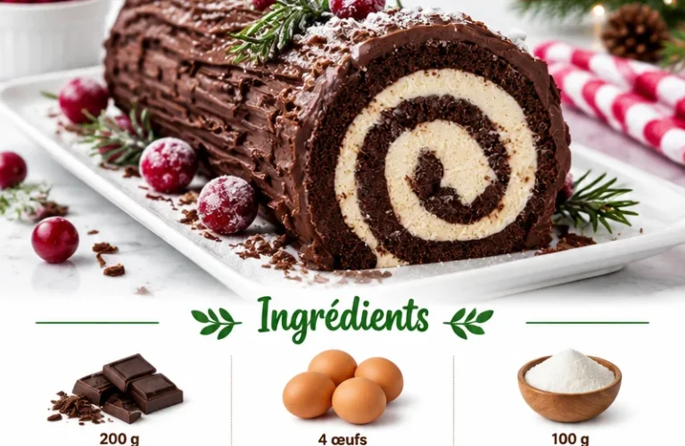 Bûche de Noël garnie de crème au beurre et décorée de fruits frais.