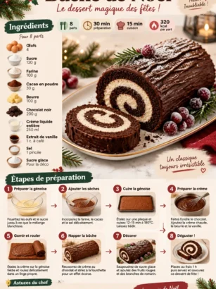 Bûche de Noël festive avec chocolat et décoration hivernale