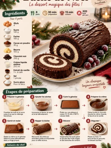 Bûche de Noël festive avec chocolat et décoration hivernale