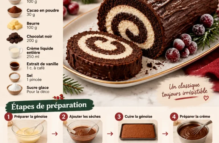 Bûche de Noël festive avec chocolat et décoration hivernale