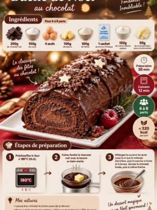 Bûche de Noël au chocolat, un dessert de Noël traditionnel et savoureux.