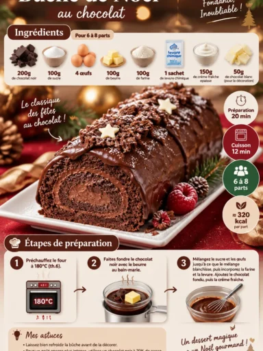 Bûche de Noël au chocolat, un dessert de Noël traditionnel et savoureux.