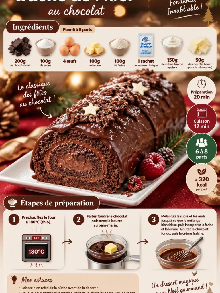 Bûche de Noël au chocolat, un dessert de Noël traditionnel et savoureux.