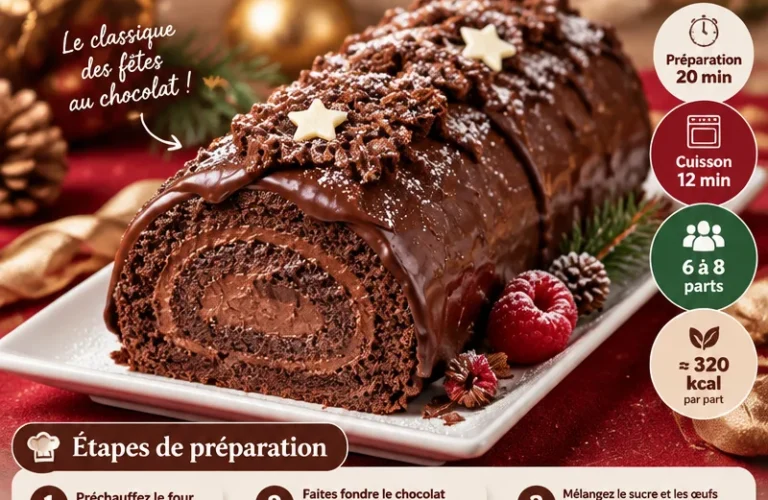 Bûche de Noël au chocolat, un dessert de Noël traditionnel et savoureux.