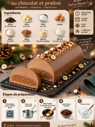 Bûche de Noël au chocolat et praliné, dessert festif traditionnel français