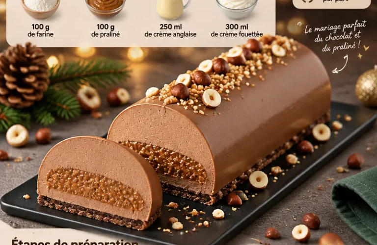 Bûche de Noël au chocolat et praliné, dessert festif traditionnel français