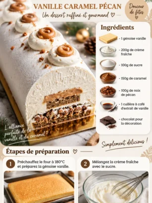 Bûche de Noël vanille caramel pécan décorée pour les fêtes