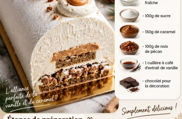 Bûche de Noël vanille caramel pécan décorée pour les fêtes