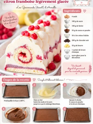 Bûche pâtissière citron framboise légèrement glacée présentée sur une table décorée