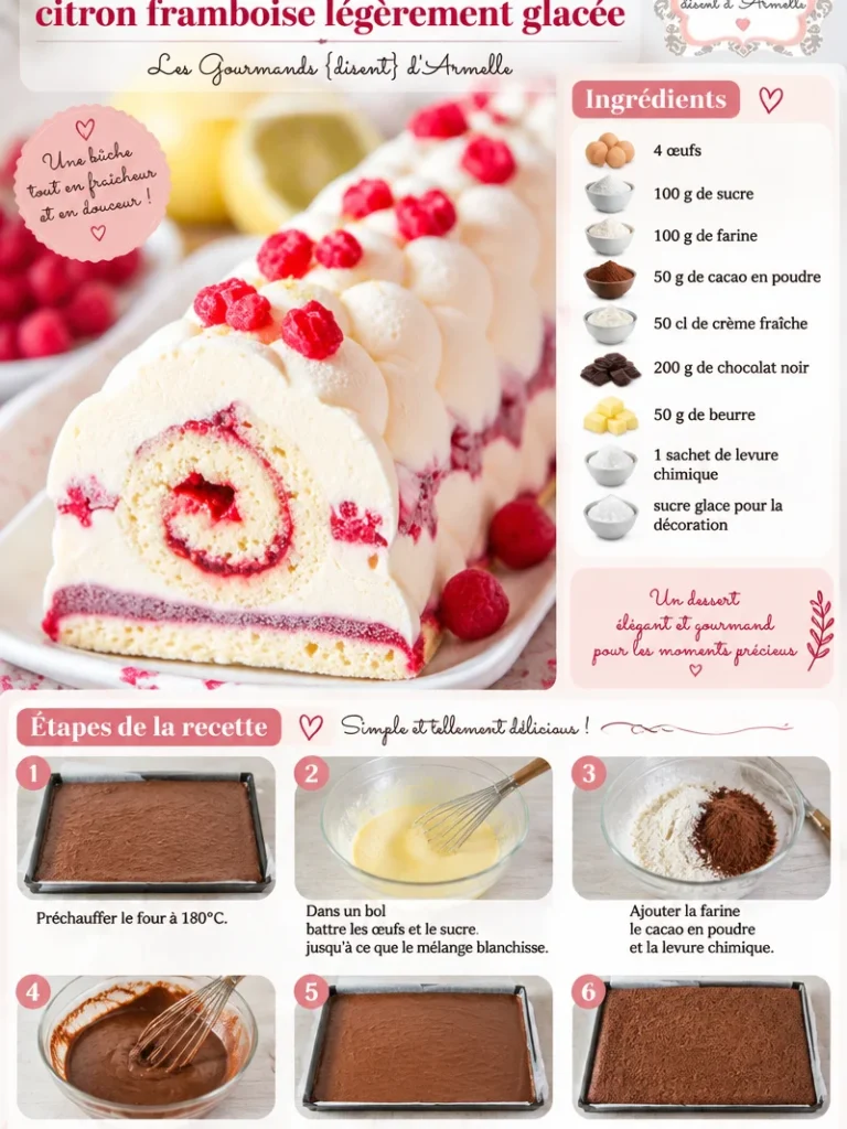 Bûche pâtissière citron framboise légèrement glacée présentée sur une table décorée