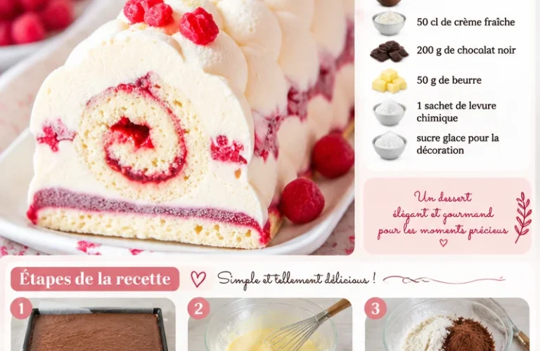 Bûche pâtissière citron framboise légèrement glacée présentée sur une table décorée