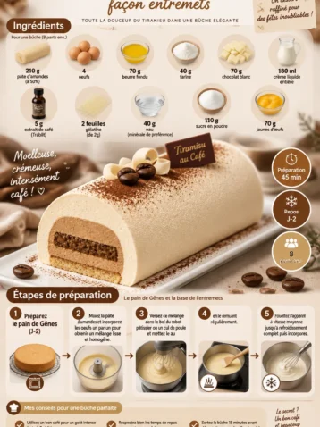 Bûche tiramisu au café façon entremets, dessert élégant pour les fêtes