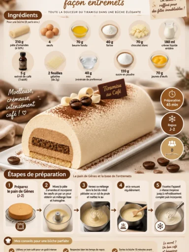 Bûche tiramisu au café façon entremets, dessert élégant pour les fêtes