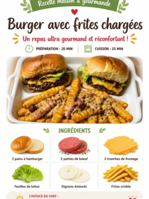 Burger juteux avec des frites chargées et garnitures délicieuses