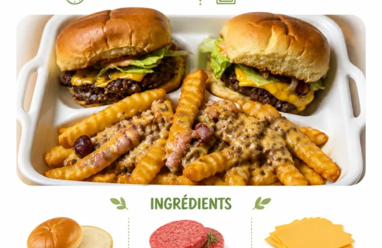 Burger juteux avec des frites chargées et garnitures délicieuses