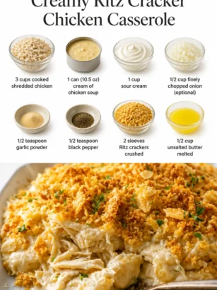 Casserole de poulet crémeuse garnie de crackers Ritz sur une table.