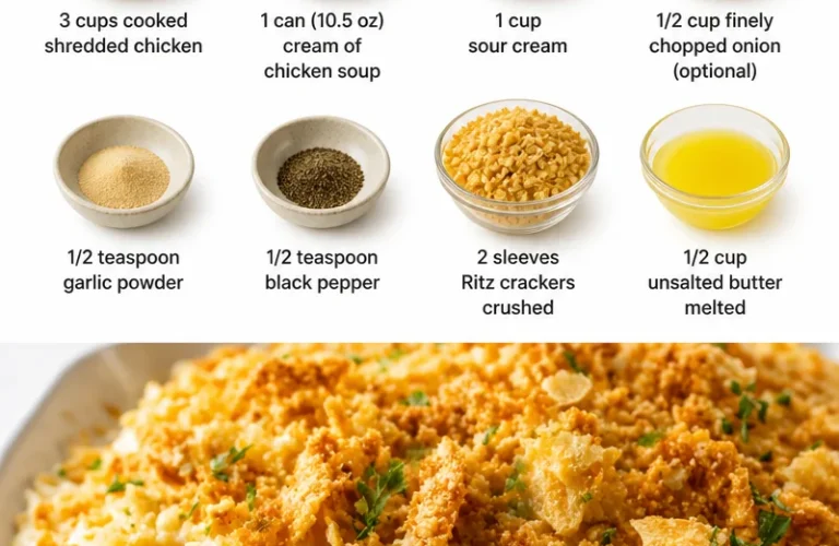 Casserole de poulet crémeuse garnie de crackers Ritz sur une table.