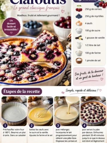 Clafoutis aux cerises, un dessert français classique et savoureux.