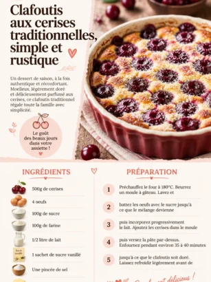 Clafoutis aux cerises traditionnelles, simple et rustique, dessert populaire