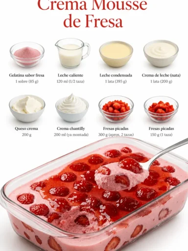 Dessert Crème Mousse de Fraise servie dans un verre avec des fraises fraîches.