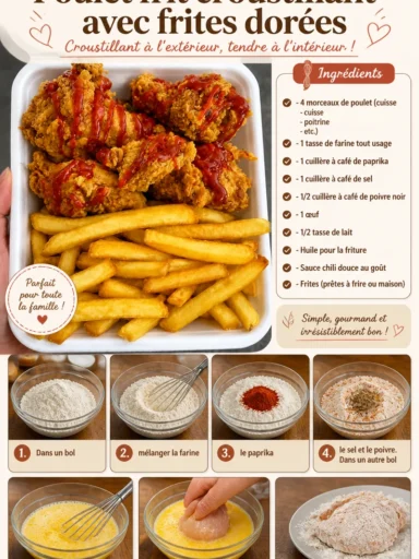 Poulet frit croustillant avec des frites dorées dans une assiette appétissante