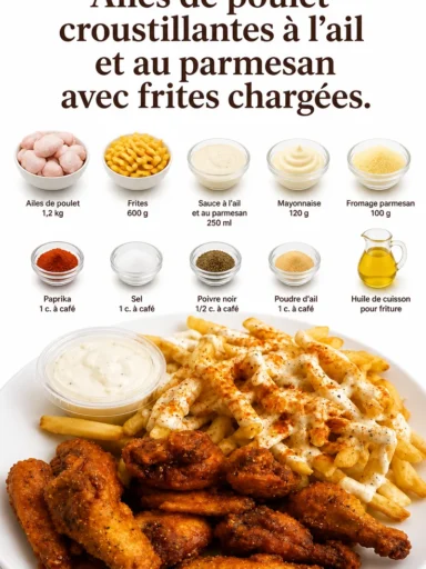 Ailes de poulet croustillantes à l'ail et parmesan avec frites chargées