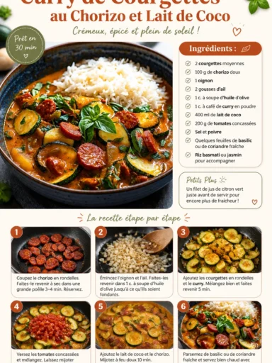 Curry de Courgettes au Chorizo et Lait de Coco dans une assiette en bois