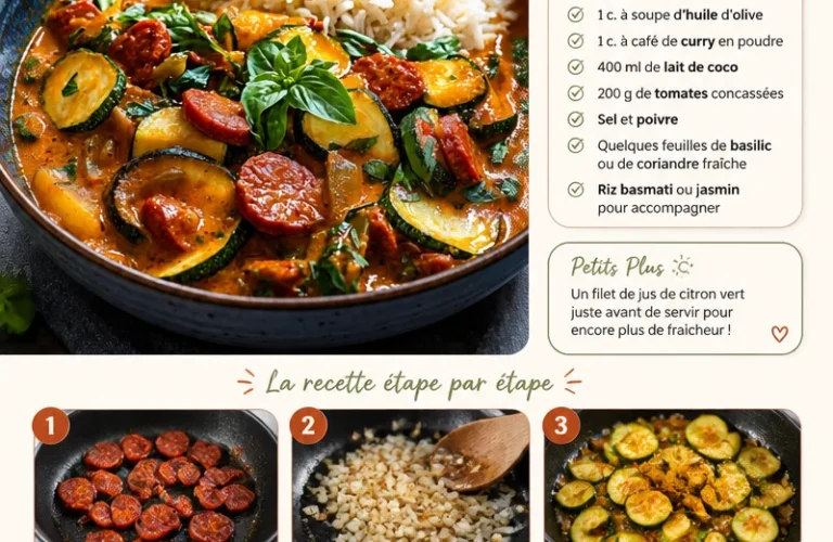 Curry de Courgettes au Chorizo et Lait de Coco dans une assiette en bois