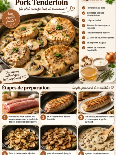 Filet mignon de porc servi avec des champignons crémeux dans une assiette appétissante.