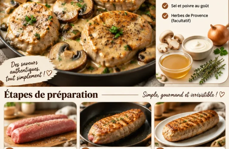 Filet mignon de porc servi avec des champignons crémeux dans une assiette appétissante.