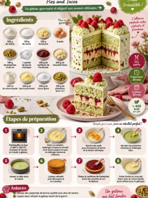 Gâteau pistache framboise avec décoration appétissante et couleurs vibrantes.