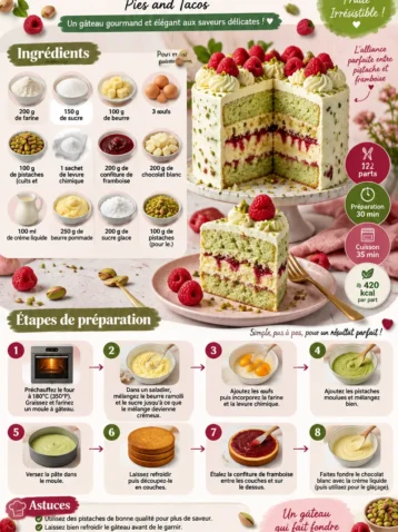 Gâteau pistache framboise avec décoration appétissante et couleurs vibrantes.
