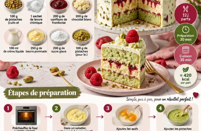 Gâteau pistache framboise avec décoration appétissante et couleurs vibrantes.