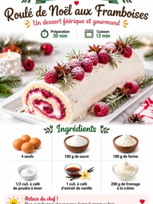 Gâteau roulé aux framboises de Noël décoré de fruits rouges et crème