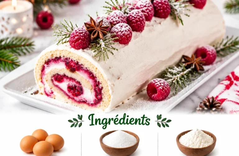Gâteau roulé aux framboises de Noël décoré de fruits rouges et crème