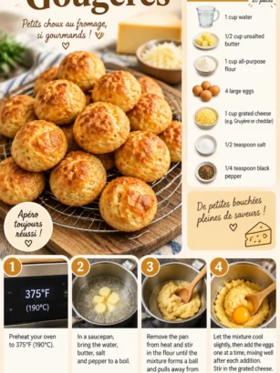 Gougères dorées et légères au fromage, parfaites pour un apéritif savoureux.