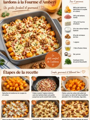 Gratin de butternut aux lardons et Fourme d’Ambert, plat savoureux et réconfortant.